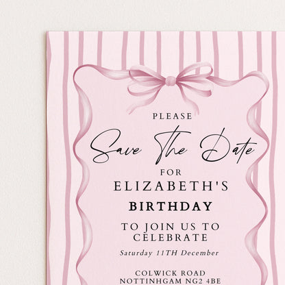 Birthday Save the Date Invitation, Pink Bow Party Invite, Elegant Birthday Save the Date, Editable Corjl Invitation