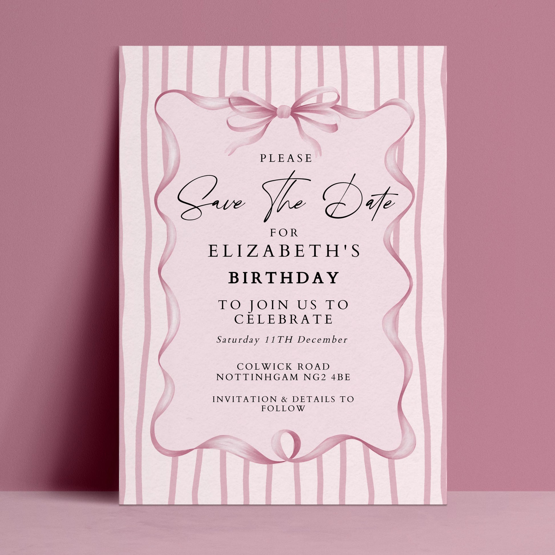 Birthday Save the Date Invitation, Pink Bow Party Invite, Elegant Birthday Save the Date, Editable Corjl Invitation