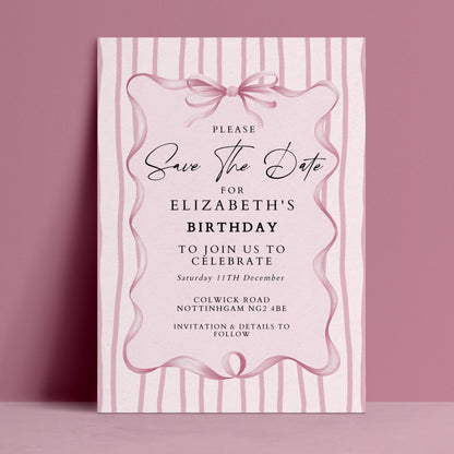 Birthday Save the Date Invitation, Pink Bow Party Invite, Elegant Birthday Save the Date, Editable Corjl Invitation