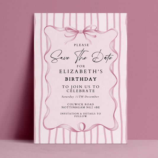 Birthday Save the Date Invitation, Pink Bow Party Invite, Elegant Birthday Save the Date, Editable Corjl Invitation