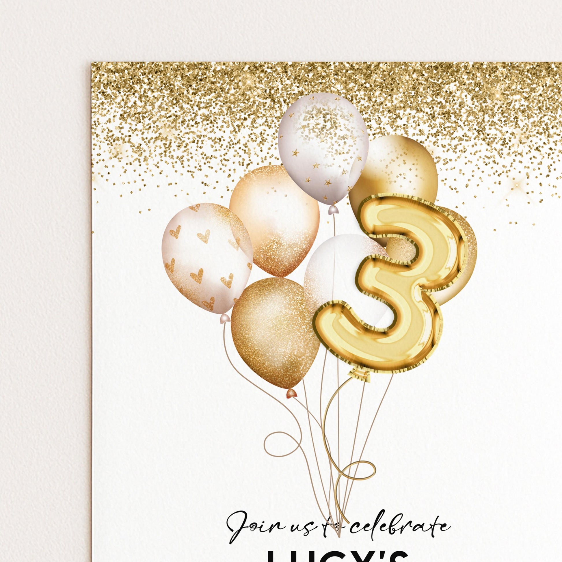 a birthday party invitation with gold glitter balloons and a large number 3 balloon.