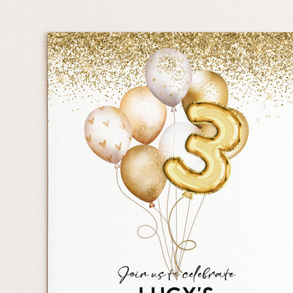 a birthday party invitation with gold glitter balloons and a large number 3 balloon.