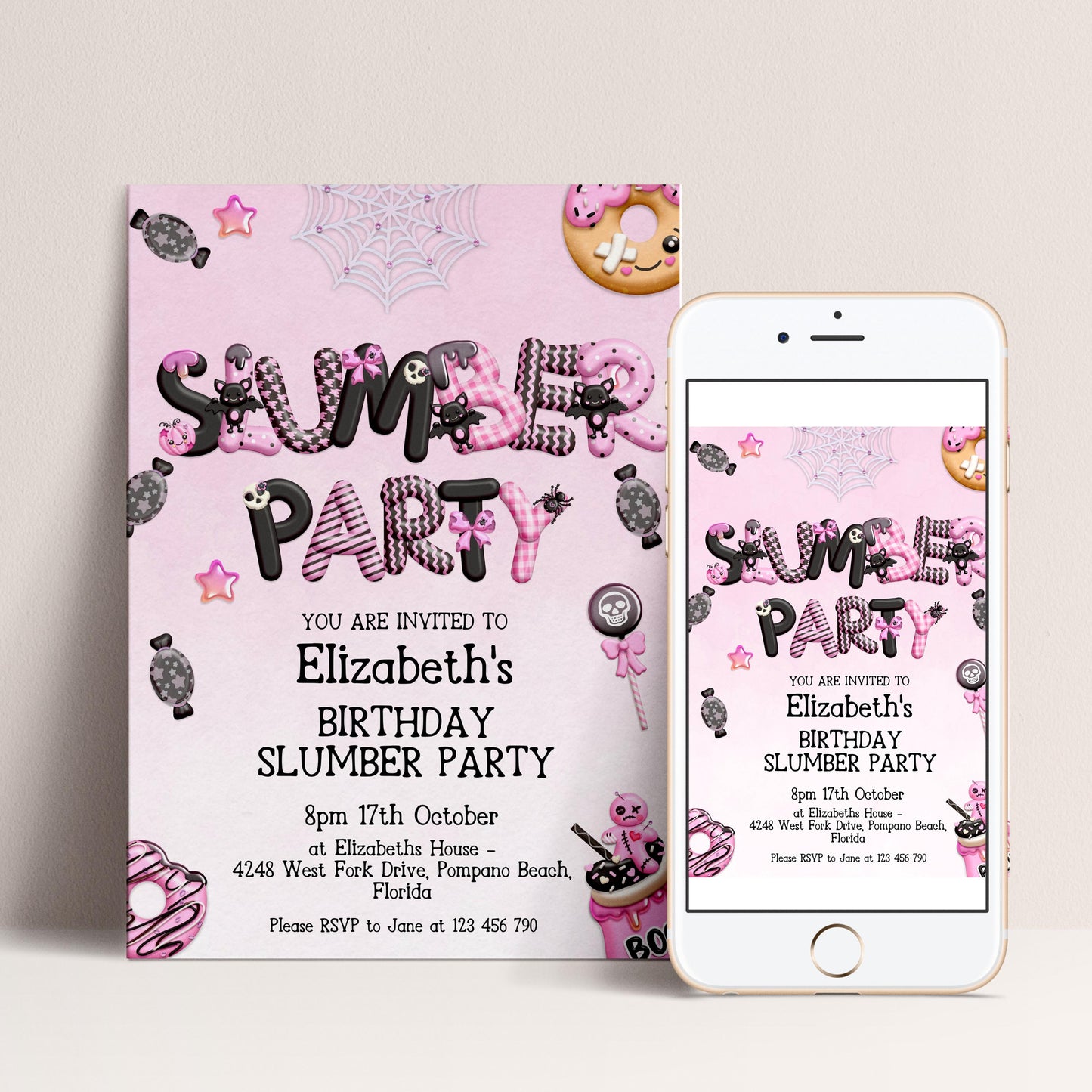 The image is a birthday party invitation for Elizabeth's slumber party, featuring a pink and black color scheme with various party-related elements such as a spider web, candy, and a sleeping bag.