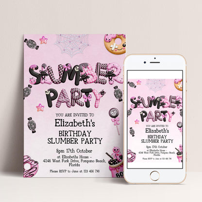 The image is a birthday party invitation for Elizabeth's slumber party, featuring a pink and black color scheme with various party-related elements such as a spider web, candy, and a sleeping bag.