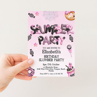The image is a birthday party invitation for Elizabeth's slumber party, featuring a pink and black color scheme with various party-themed elements such as a spider web, a donut, and a spider.