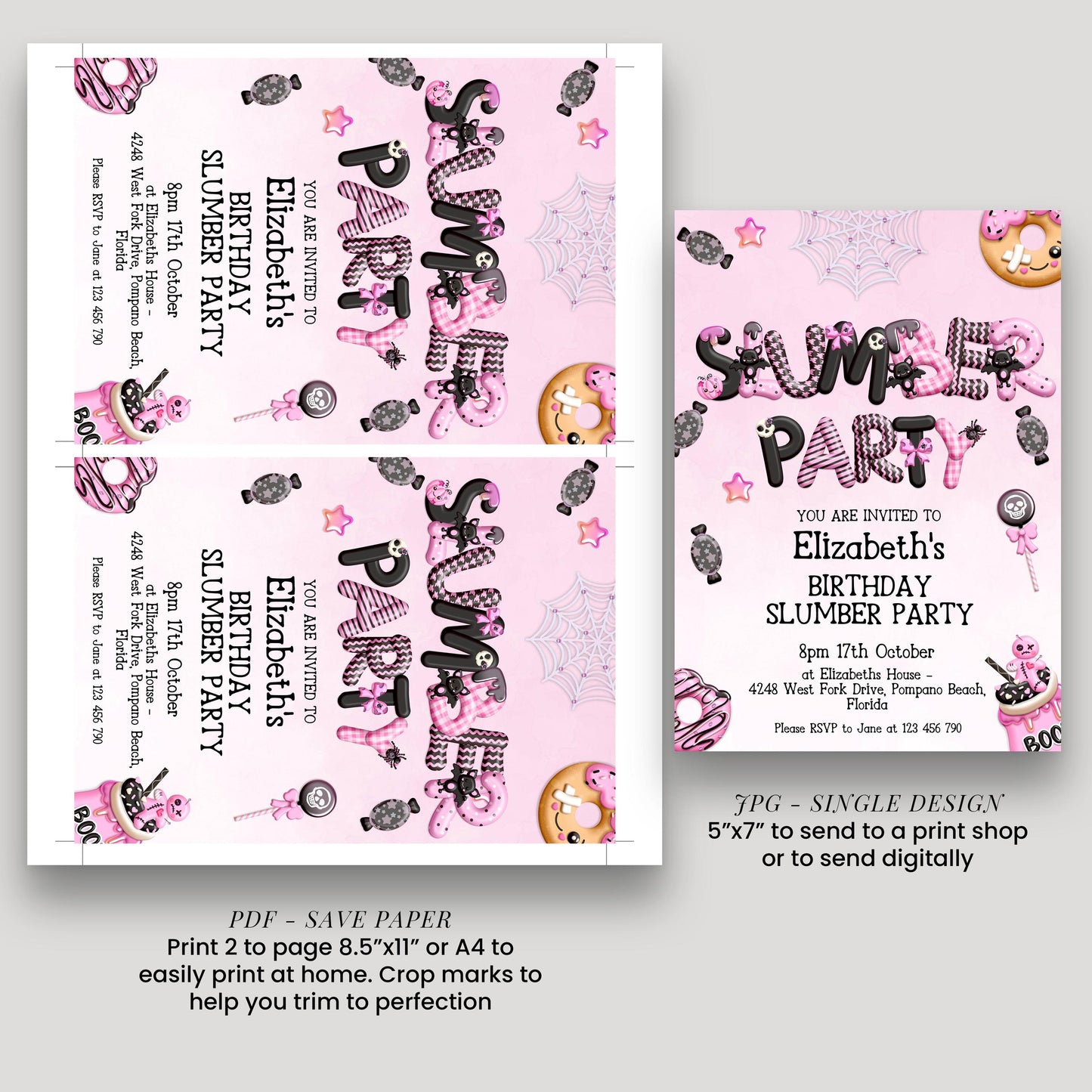 The image is a birthday party invitation for Elizabeth's Slumber Party. It features a pink and black color scheme with various party-related elements such as a spider, donuts, and stars. The invitation includes details about the party, including the date, time, location, and RSVP information. It also provides instructions for printing and sending the invitation, as well as a note about the size of the print.
