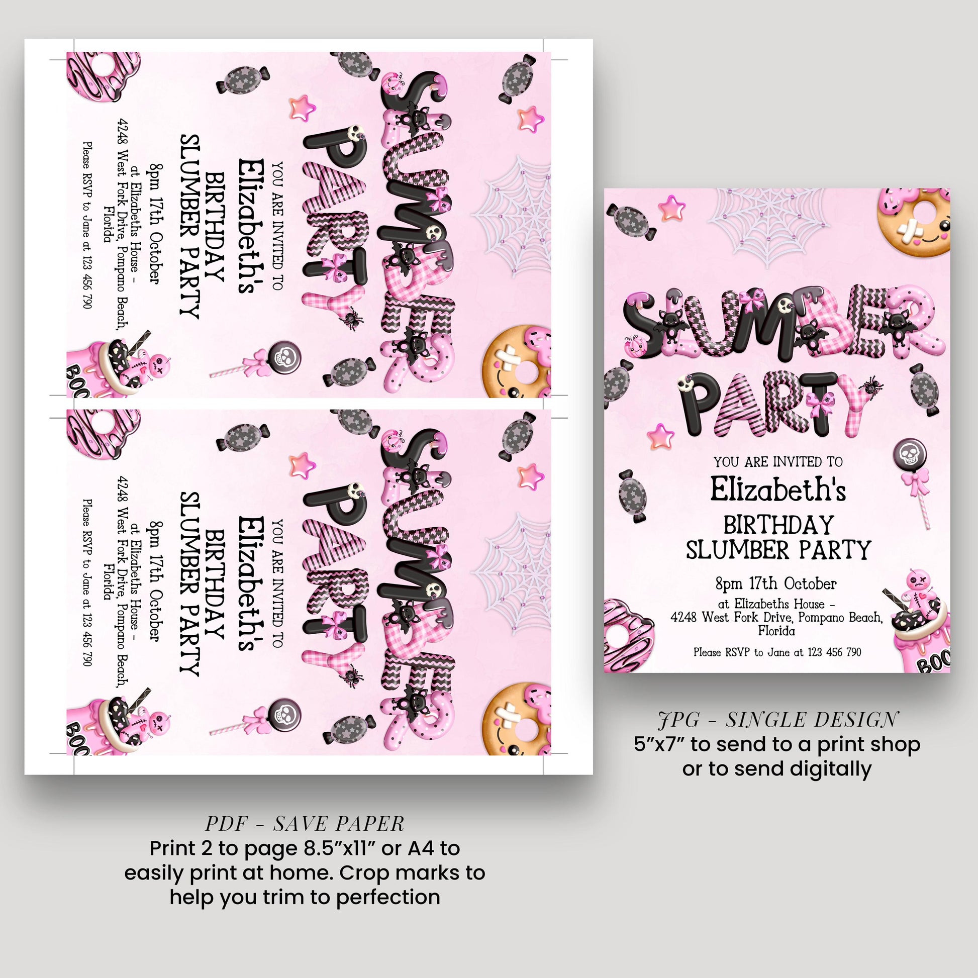 The image is a birthday party invitation for Elizabeth's Slumber Party. It features a pink and black color scheme with various party-related elements such as a spider, donuts, and stars. The invitation includes details about the party, including the date, time, location, and RSVP information. It also provides instructions for printing and sending the invitation, as well as a note about the size of the print.
