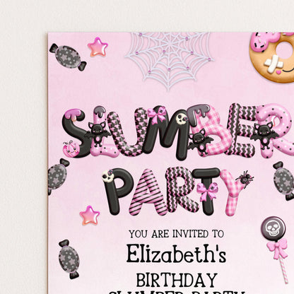 The image is a birthday party invitation for a girl named Elizabeth, featuring a pink background with various decorative elements such as candy, spider web, and a skull.