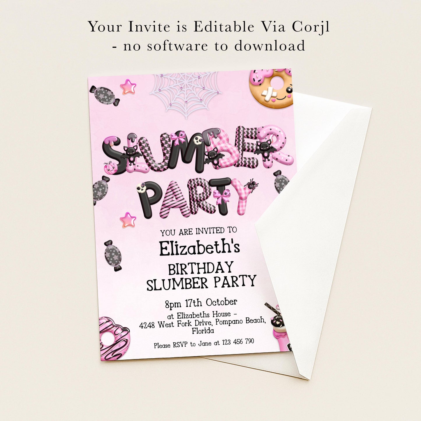 The image is a birthday party invitation for Elizabeth's slumber party, featuring a pink background with various party-themed elements such as a spider web, a donut, and a star.
