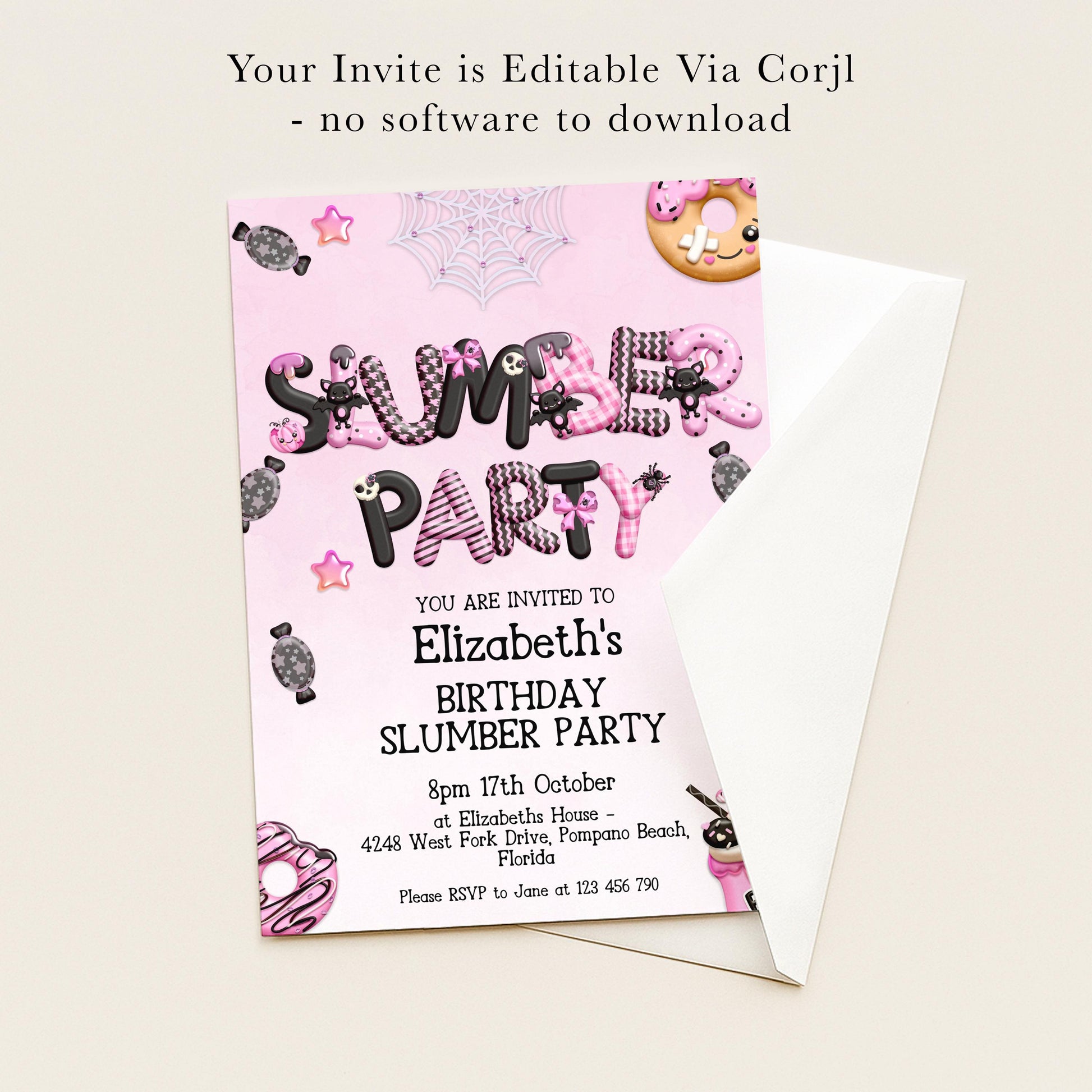 The image is a birthday party invitation for Elizabeth's slumber party, featuring a pink background with various party-themed elements such as a spider web, a donut, and a star.