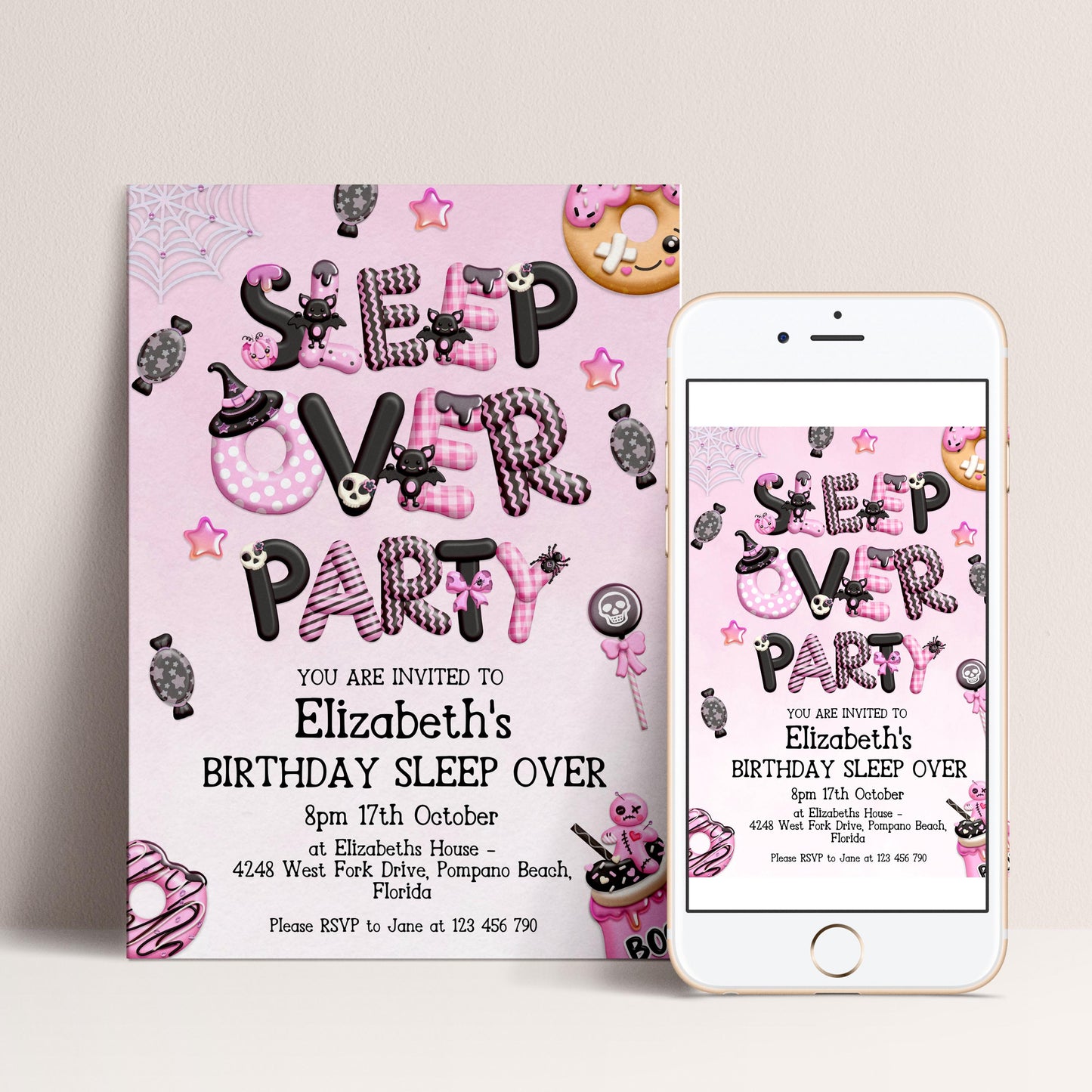 A pink birthday party invitation for Elizabeth's birthday party, featuring a variety of whimsical and playful elements such as a spider web, stars, and donuts.