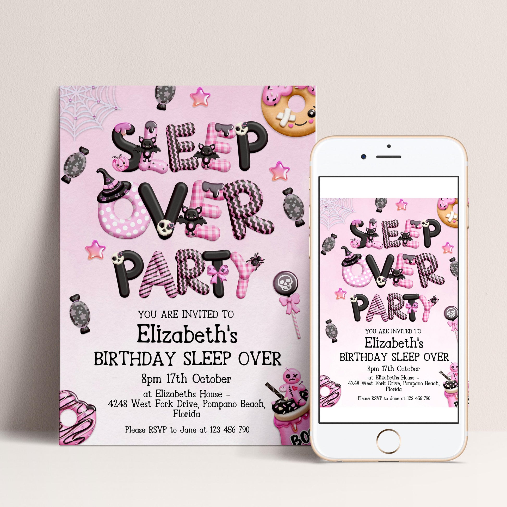 A pink birthday party invitation for Elizabeth's birthday party, featuring a variety of whimsical and playful elements such as a spider web, stars, and donuts.