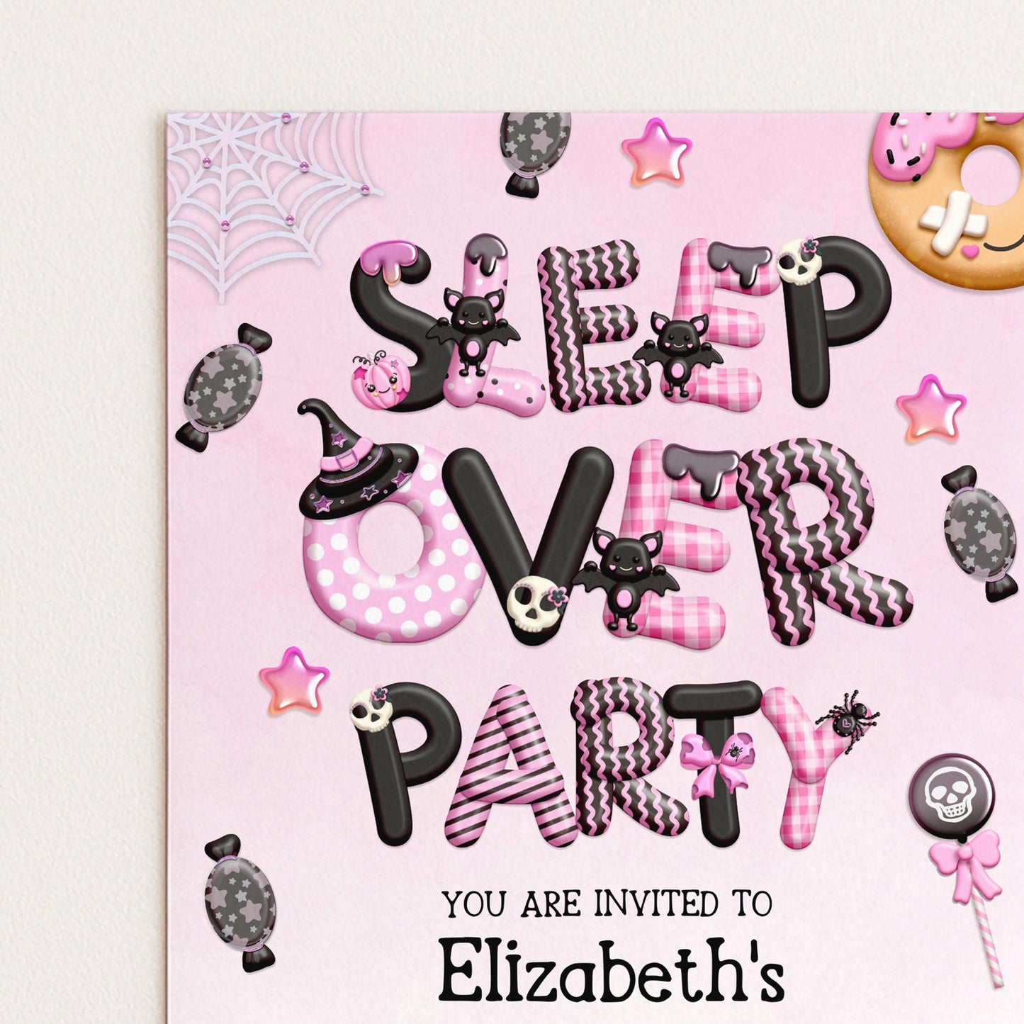 The image is a birthday party invitation with a pink background and various Halloween-themed decorations, including bats, stars, and candy.