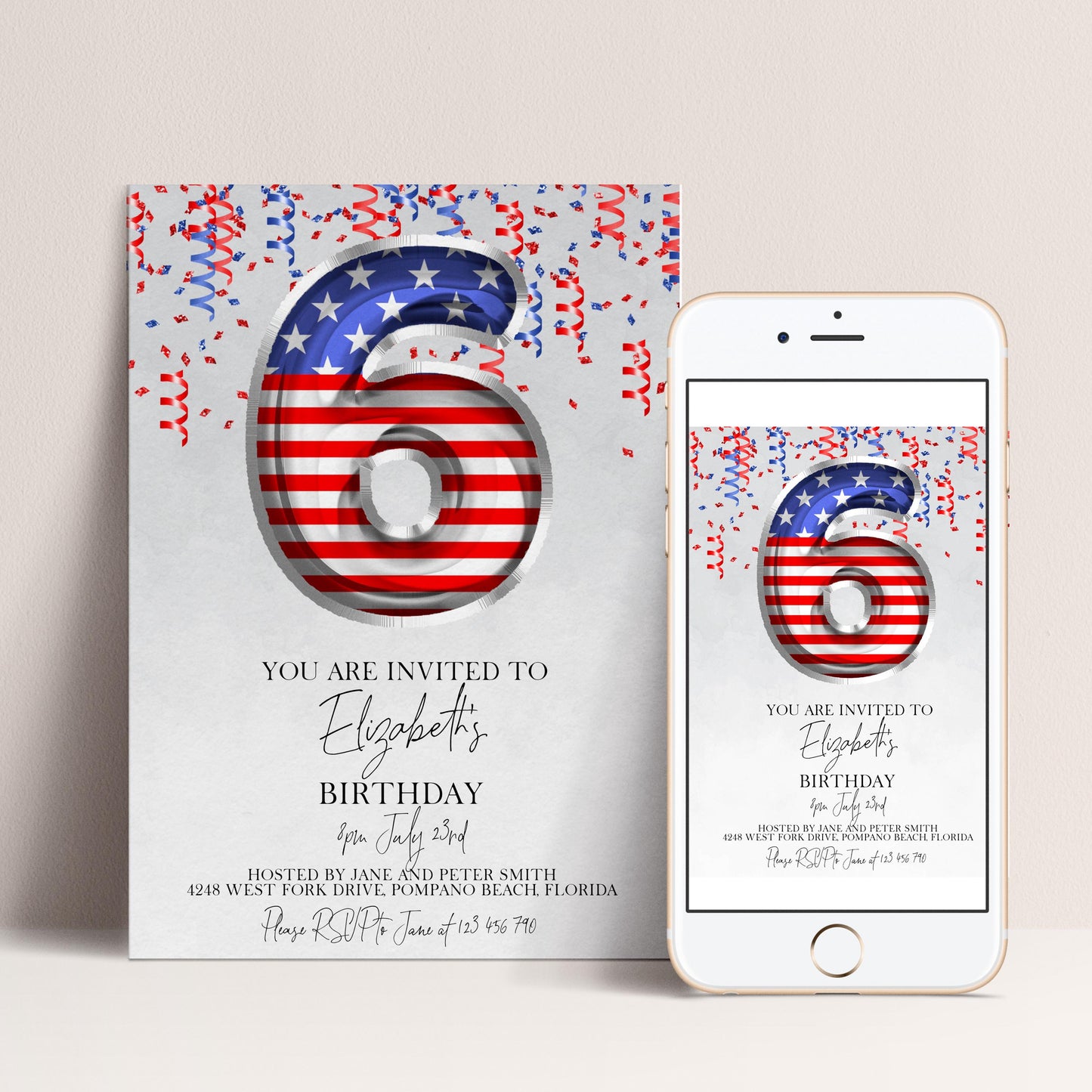 The image is a birthday invitation for a 6-year-old girl, featuring an American flag design and confetti.