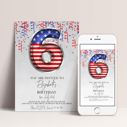 The image is a birthday invitation for a 6-year-old girl, featuring an American flag design and confetti.