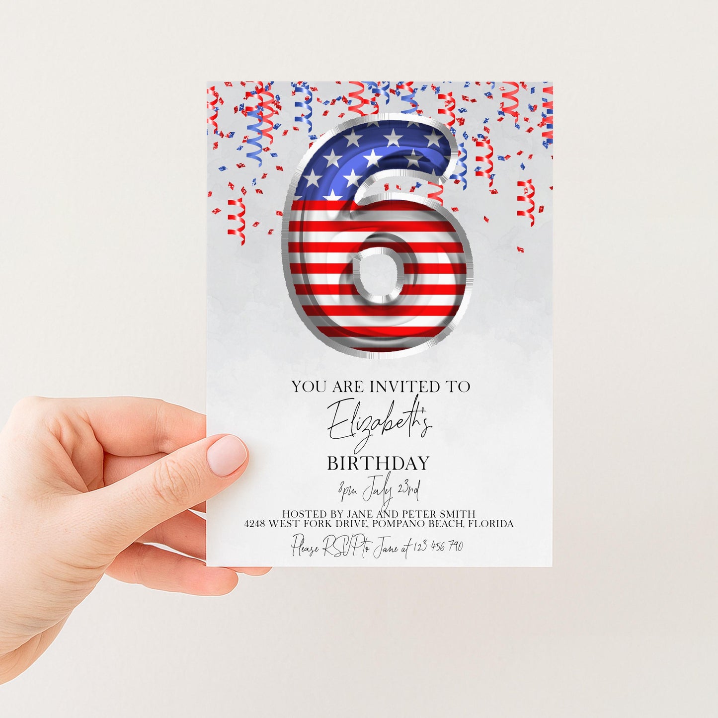 The image is a birthday invitation for a 6-year-old girl, with an American flag design and confetti elements.