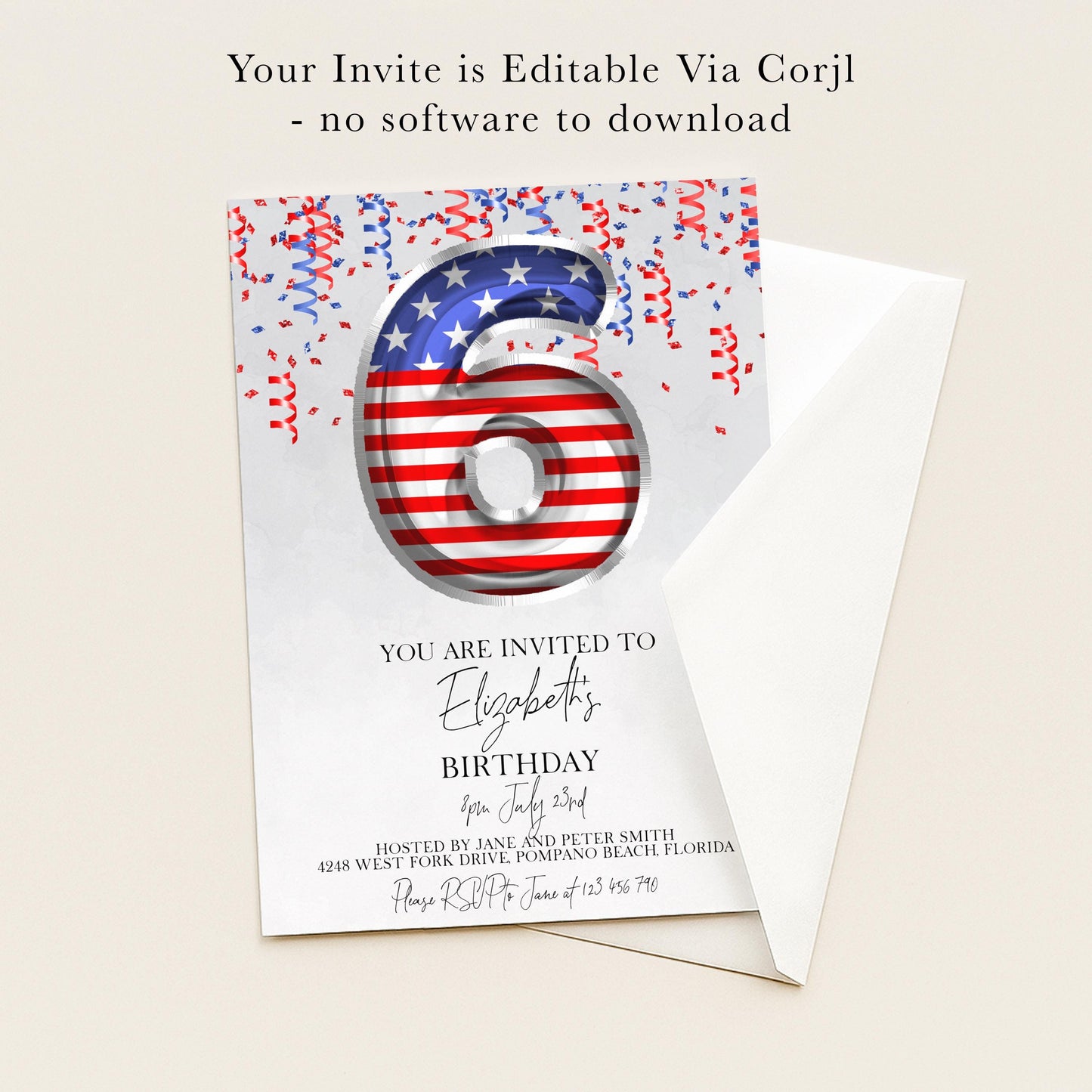 The image is a birthday invitation for a 6-year-old girl, with an American flag design and confetti elements.
