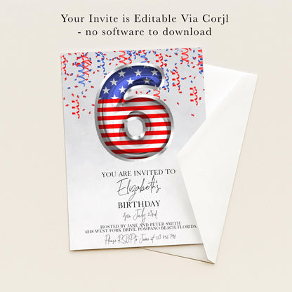 The image is a birthday invitation for a 6-year-old girl, with an American flag design and confetti elements.