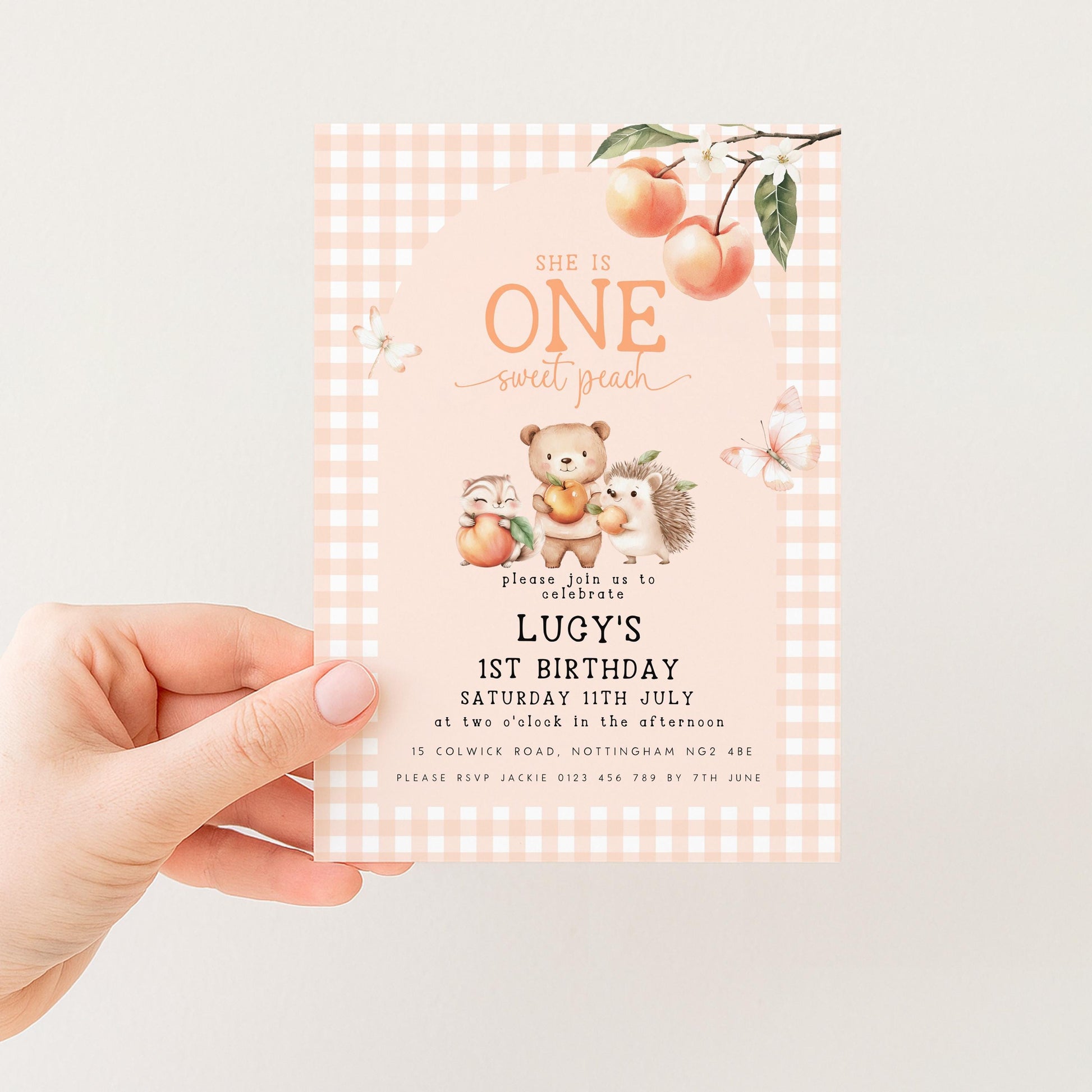 The image is a birthday invitation card for a girl's first birthday.