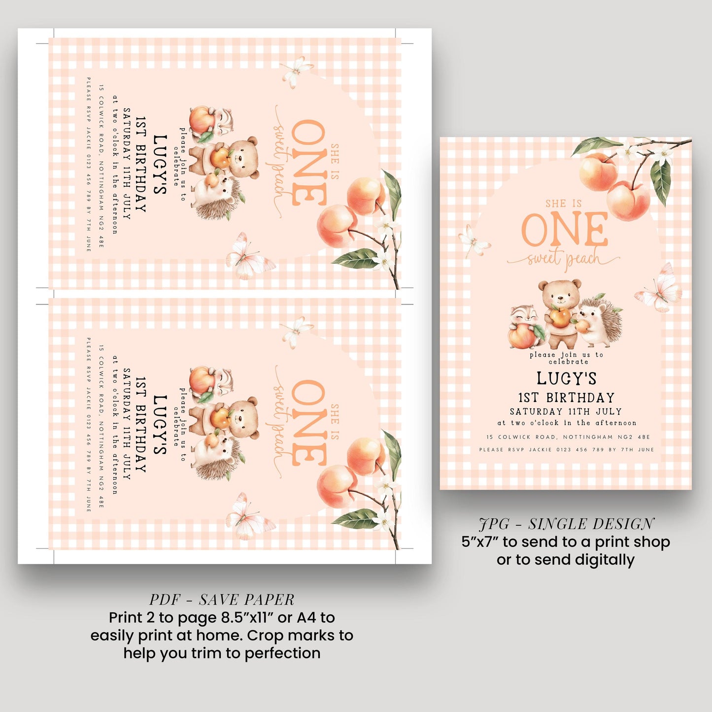 The image is a birthday invitation for a one-year-old girl named Lucy. It features a peach and leaf design with a teddy bear and other cute animal characters. The invitation is for Lucy's 1st birthday party, which will be held on Saturday, July 15th, at the two-story home in the afternoon. The invitation is printed in a single design, and it includes a save-paper option for sending it to a print shop or digitally.