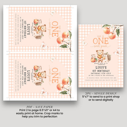 The image is a birthday invitation for a one-year-old girl named Lucy. It features a peach and leaf design with a teddy bear and other cute animal characters. The invitation is for Lucy's 1st birthday party, which will be held on Saturday, July 15th, at the two-story home in the afternoon. The invitation is printed in a single design, and it includes a save-paper option for sending it to a print shop or digitally.
