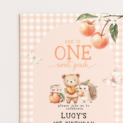 The image is a birthday invitation for a girl named Lucy, featuring illustrations of a bear, a hedgehog, and a butterfly, along with peach and butterfly motifs.