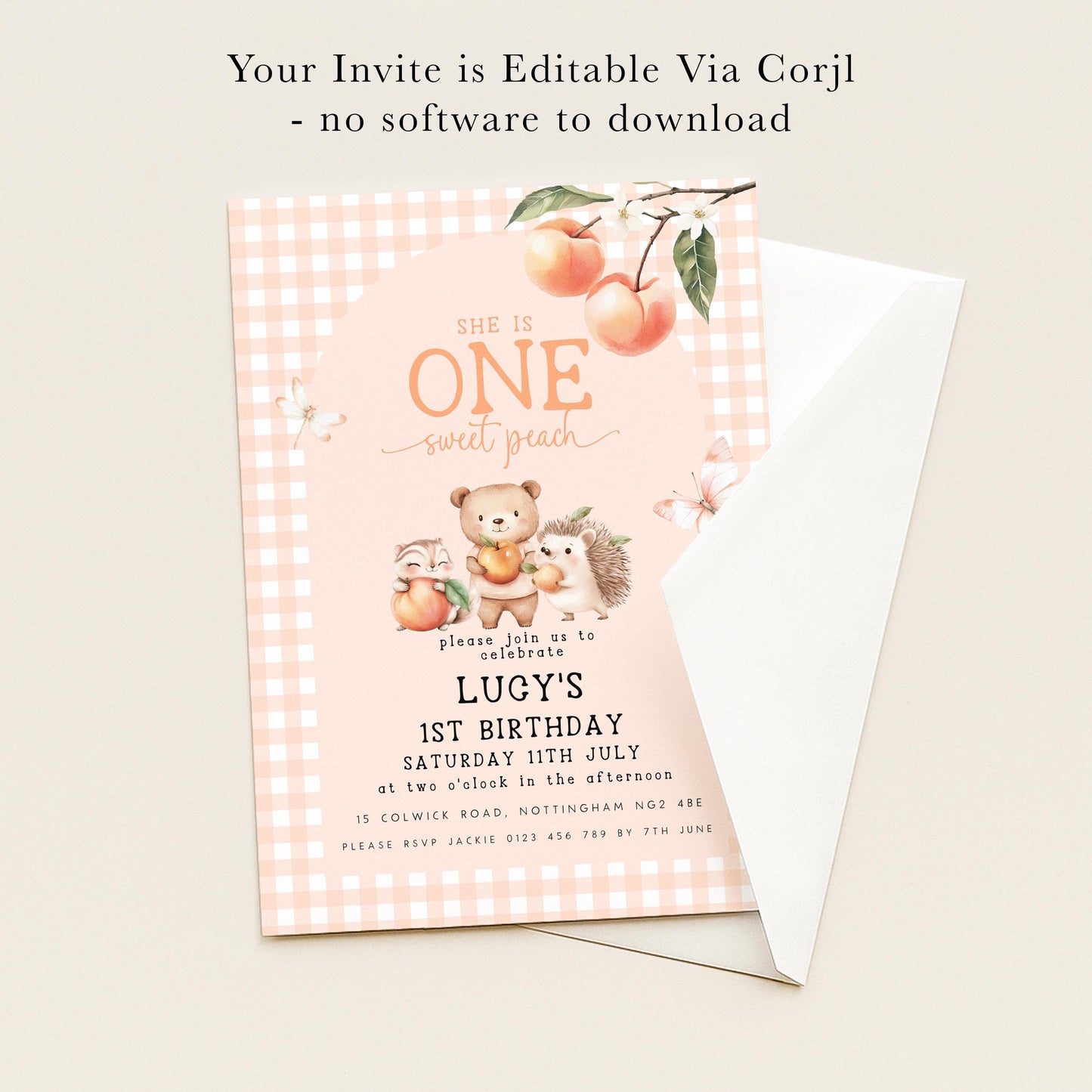 The image is a birthday invitation for a girl named Lucy, which is editable via a computer. The invitation is pink and white checkered, and it features illustrations of animals and fruits. The text invites guests to a birthday party and provides details about the event, including the date, time, location, and contact information.