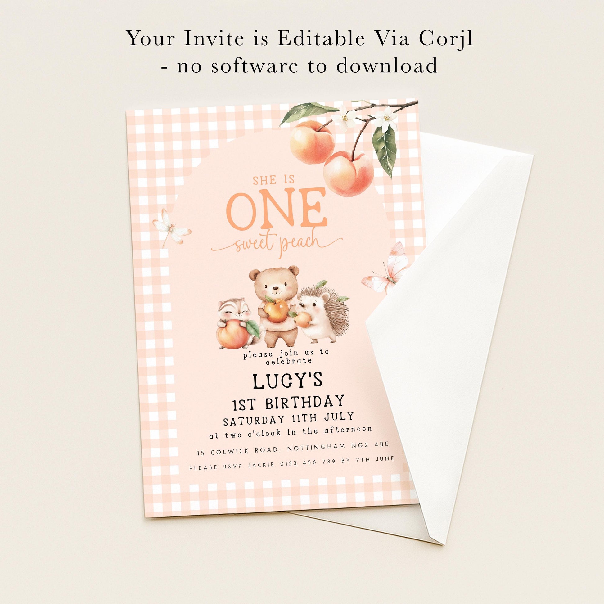 The image is a birthday invitation for a girl named Lucy, which is editable via a computer. The invitation is pink and white checkered, and it features illustrations of animals and fruits. The text invites guests to a birthday party and provides details about the event, including the date, time, location, and contact information.