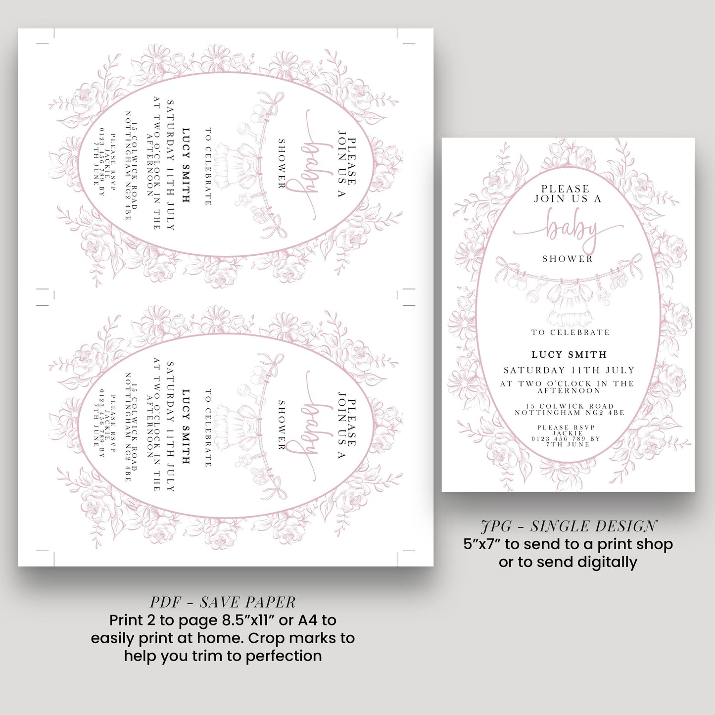 two identical baby shower invitation designs, each with a pink floral border and text. The invitations are for Lucy Smith's baby shower and are printed in a single design. The invitations are intended to be sent to guests at the baby shower.