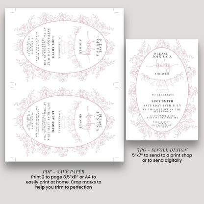two identical baby shower invitation designs, each with a pink floral border and text. The invitations are for Lucy Smith's baby shower and are printed in a single design. The invitations are intended to be sent to guests at the baby shower.