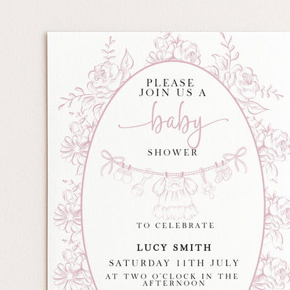 The image is a pink and white baby shower invitation featuring a floral border and text inviting guests to a baby shower celebration.