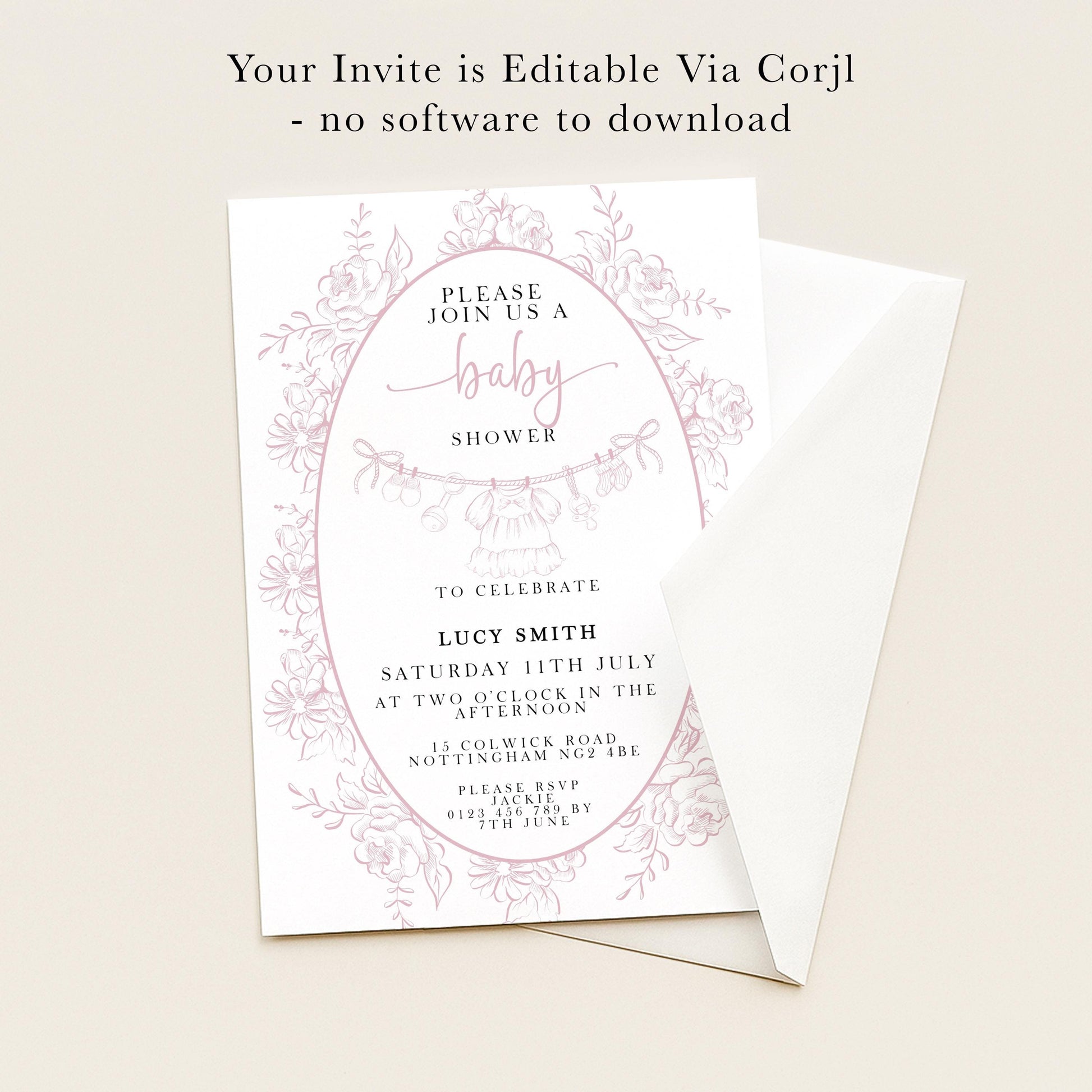 The image is a pink and white invitation card for a baby shower, inviting guests to join a baby shower celebration.