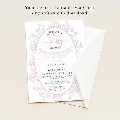 The image is a pink and white invitation card for a baby shower, inviting guests to join a baby shower celebration.