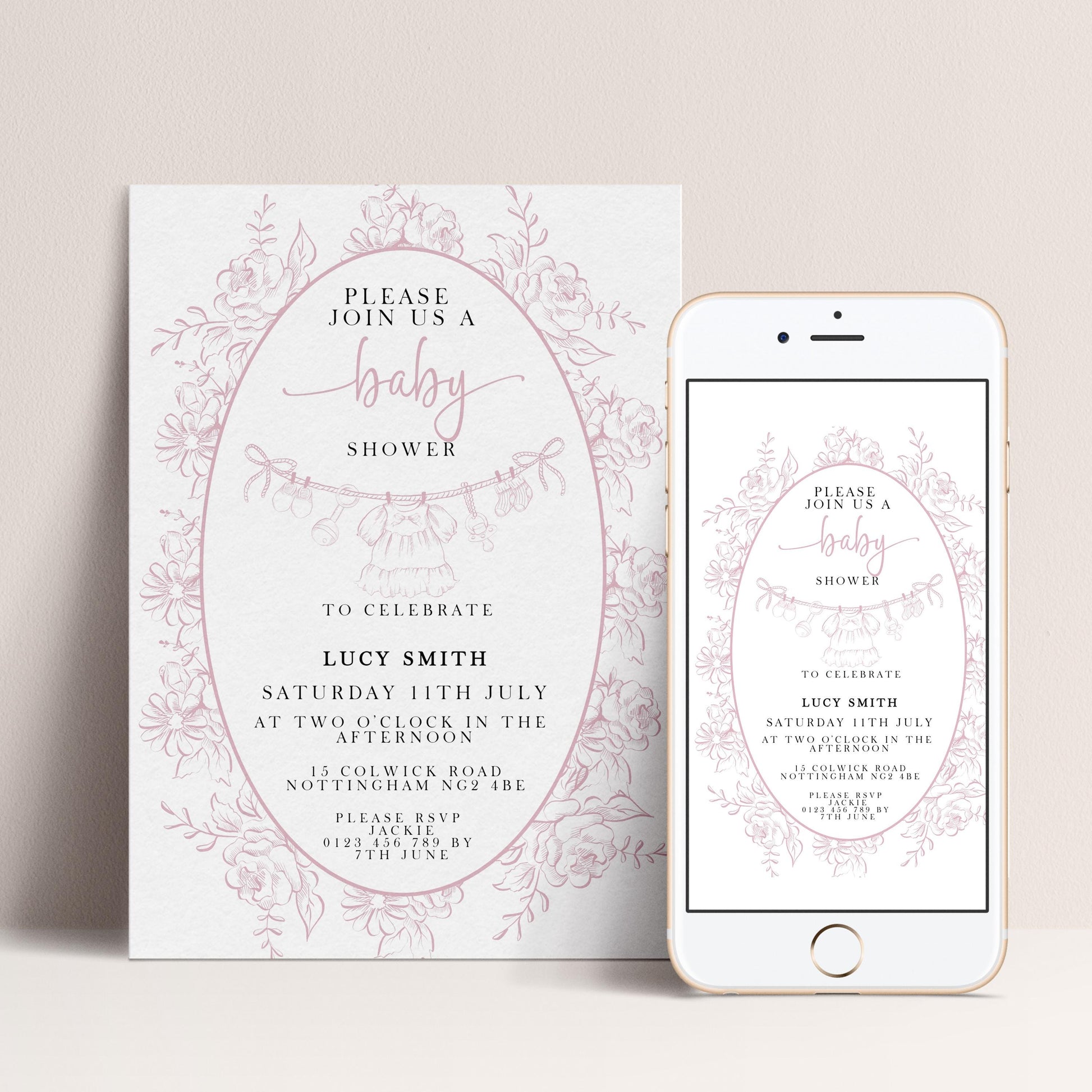 a baby shower invitation card and a smartphone displaying the same invitation. The card features a floral design and text inviting guests to a baby shower. The smartphone screen also displays the same invitation text, but in a digital format.