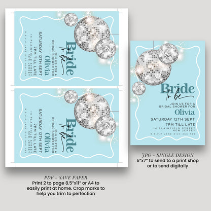 The image is a collage of two pages featuring a blue background with silver disco balls and text. The text includes details about a bridal shower for a bride named Olivia, including the date, time, location, and RSVP information. The collage also includes instructions for printing the design, including the size and paper type, and a note about sending the print to a print shop or digitally.