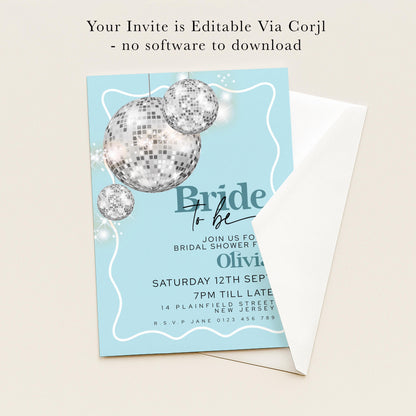 The image is a wedding invitation featuring a disco ball design and text inviting guests to a bridal shower for the bride, Olivia.