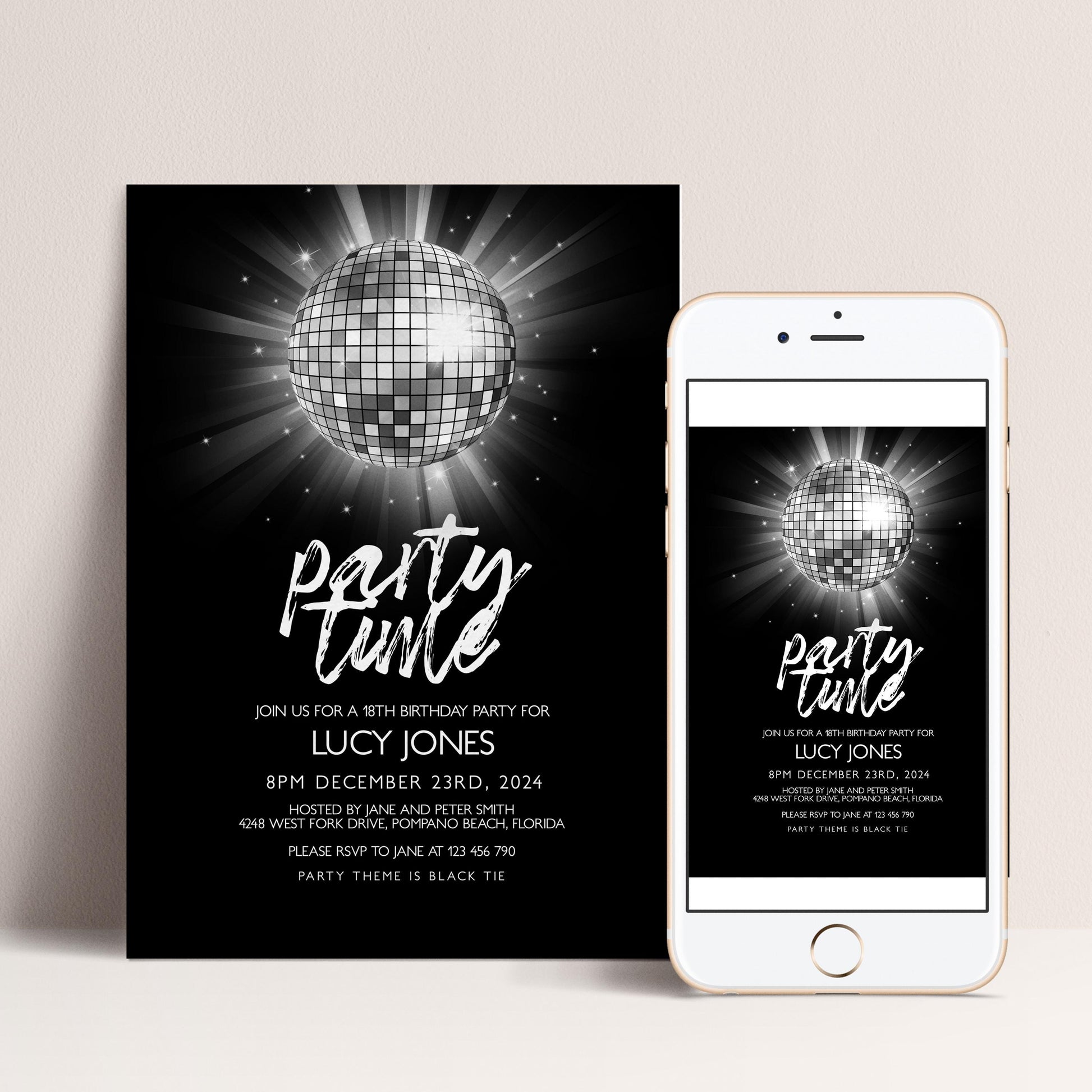 The image is a party invitation featuring a disco ball and a disco ball-themed design.