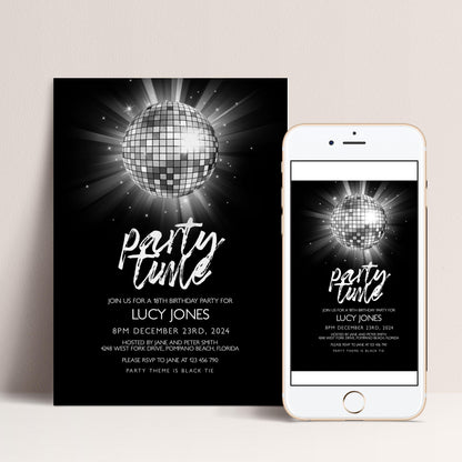 The image is a party invitation featuring a disco ball and a disco ball-themed design.