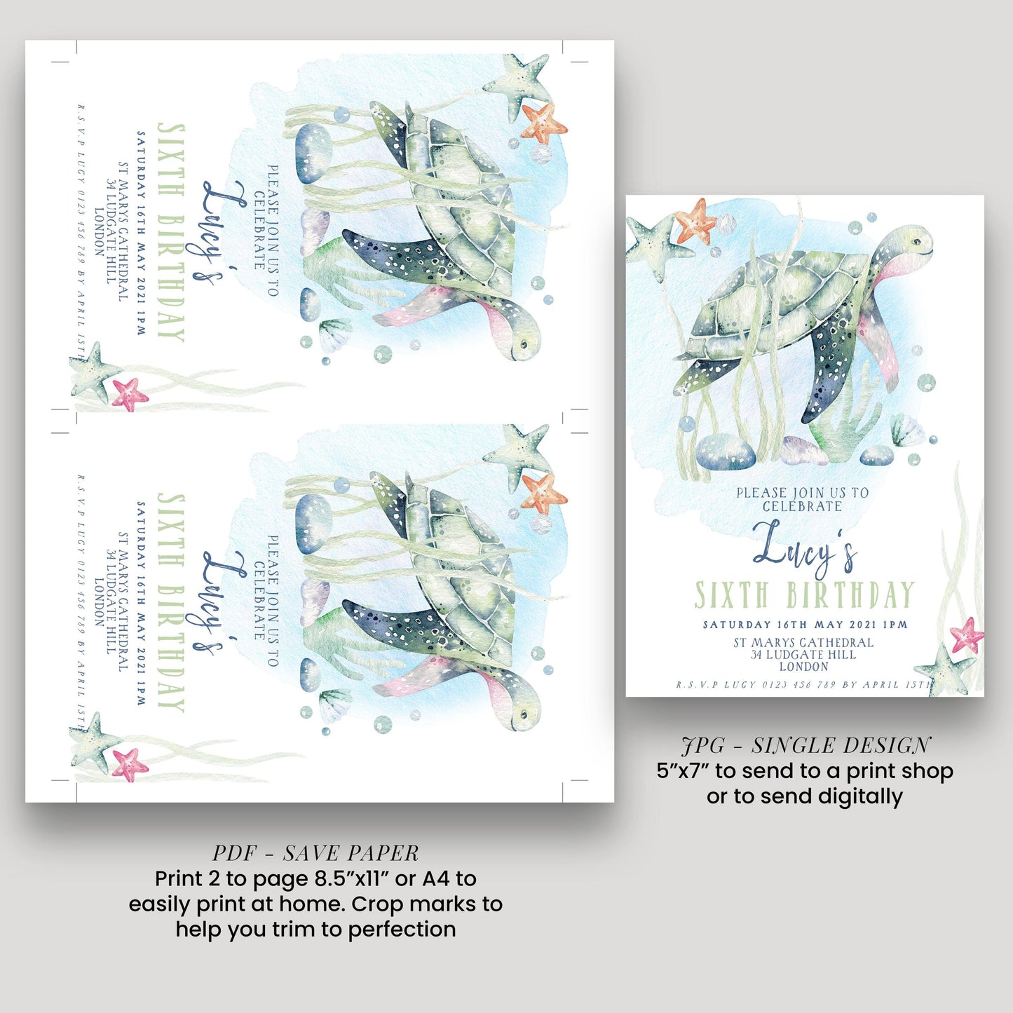 The image is a birthday invitation for a child's sixth birthday, featuring a watercolor illustration of a turtle and starfish.