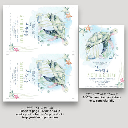 The image is a birthday invitation for a child's sixth birthday, featuring a watercolor illustration of a turtle and starfish.
