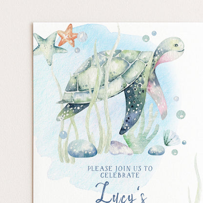 The image is a watercolor painting of a sea turtle surrounded by various marine life, including a starfish and bubbles, with a message inviting people to "Join us to celebrate" and the name "Lucy's" below.