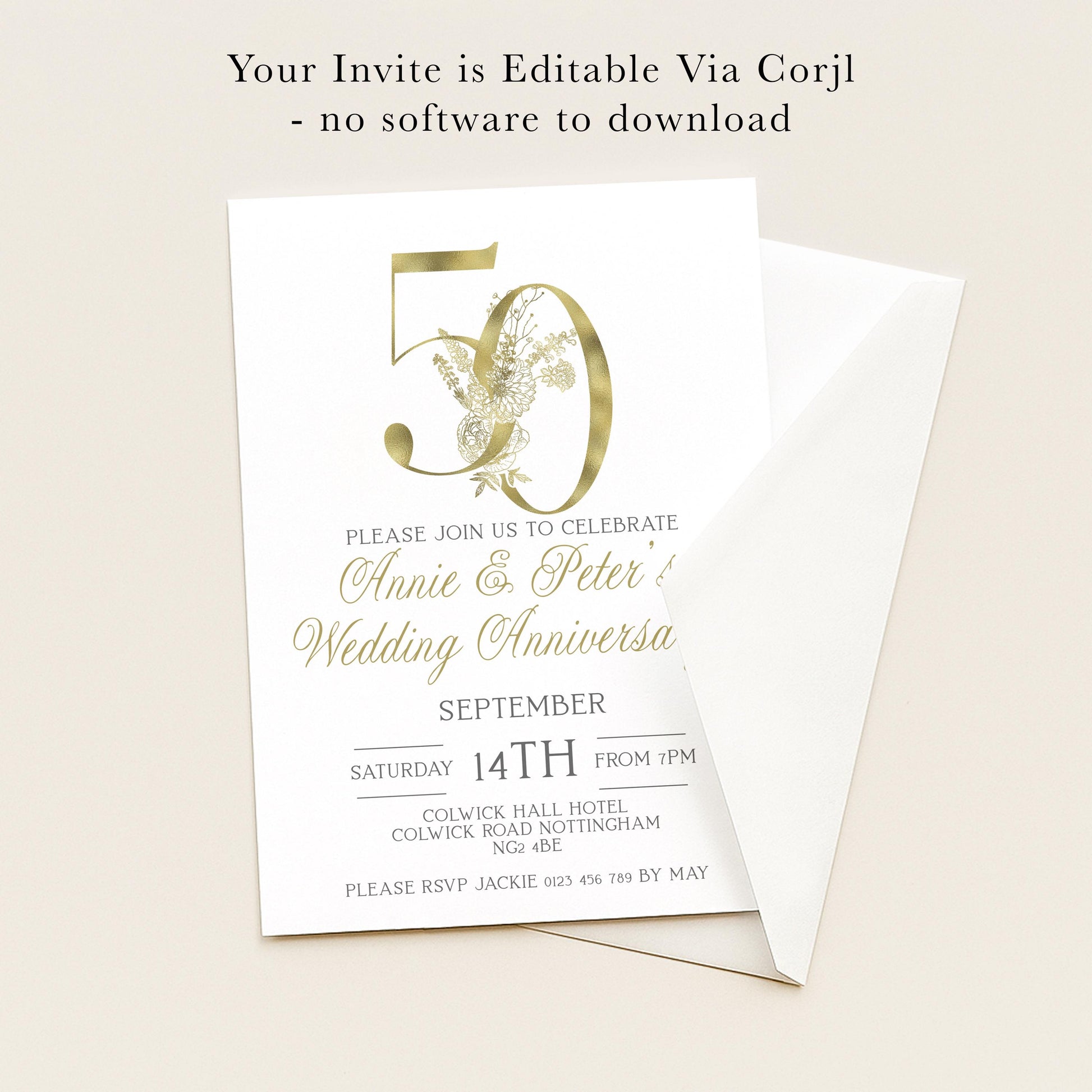 The image is a wedding invitation card for a 50th anniversary celebration.