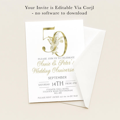 The image is a wedding invitation card for a 50th anniversary celebration.