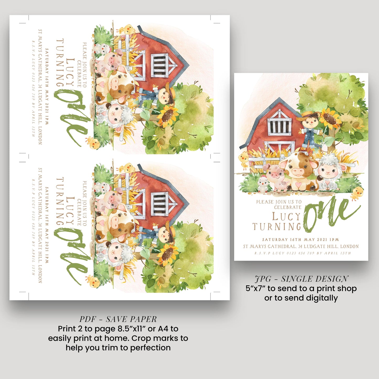 The image is a birthday invitation featuring a farm scene with a barn, animals, and flowers. The invitation is for a "Lucy Turning One" party, which is scheduled for Saturday, May 11th, from 11:00 PM to 12:00 AM at St. Mary's Cathedral, located at St. Mary's Hall, London. The invitation is available in both print and digital formats, with instructions to print 2 pages of 8.5"x11" or 4"x4" to send to a print shop or to send digitally.