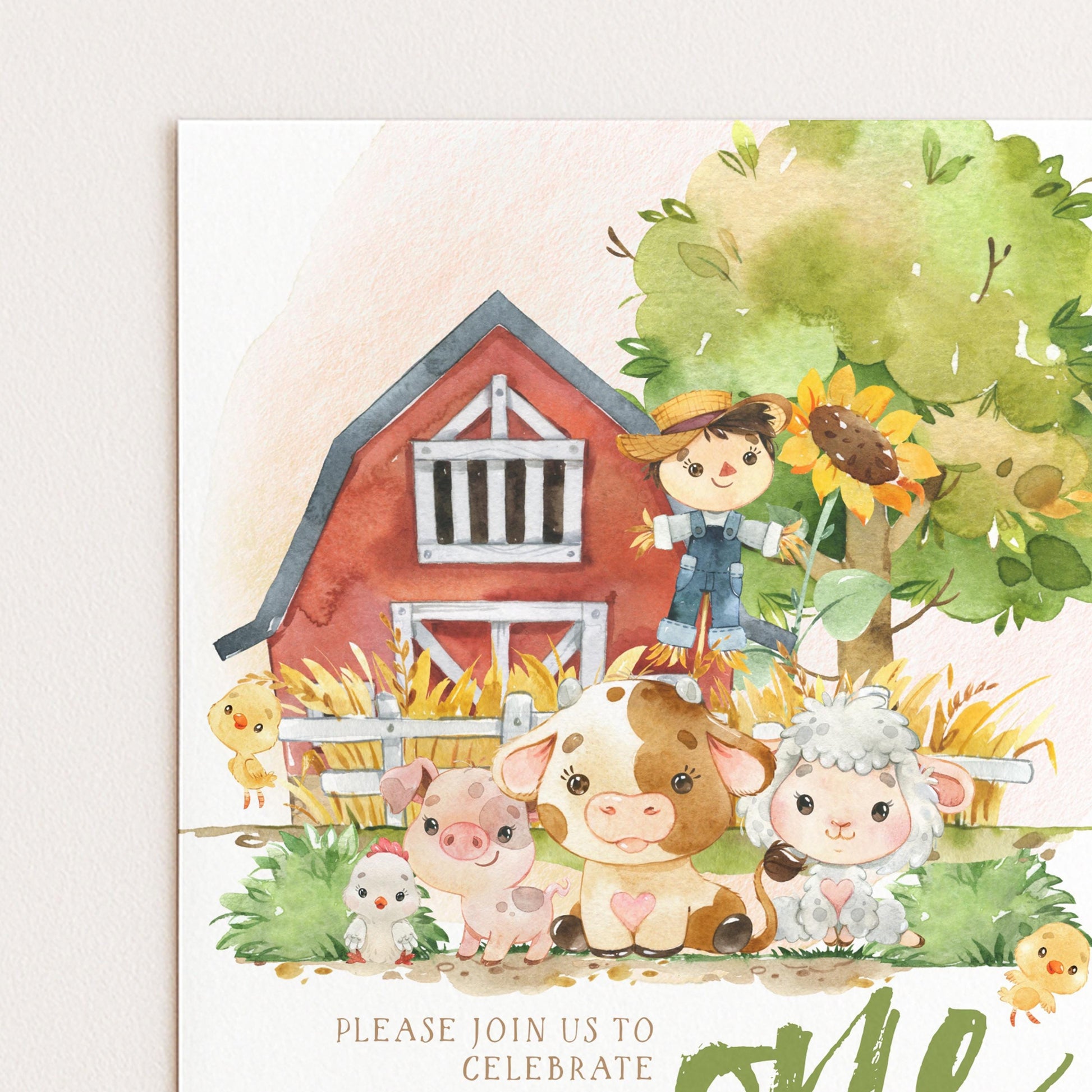 The image is a watercolor painting of a farm scene with a red barn, animals such as a cow, pig, sheep, and chicken, and a tree with a sunflower.