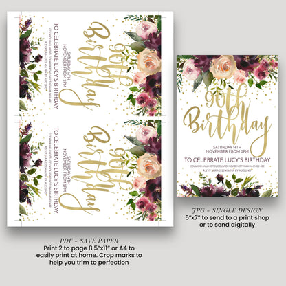 two birthday invitation designs featuring floral elements and gold text. The first design is a larger one, while the second is a smaller one. The larger design includes text that reads "90th Birthday" and provides details about the event, such as the date, location, and RSVP information. The smaller design also includes text that reads "90th Birthday" and provides similar details. Both designs suggest that the printed paper can be used to send to a print shop or to send digit