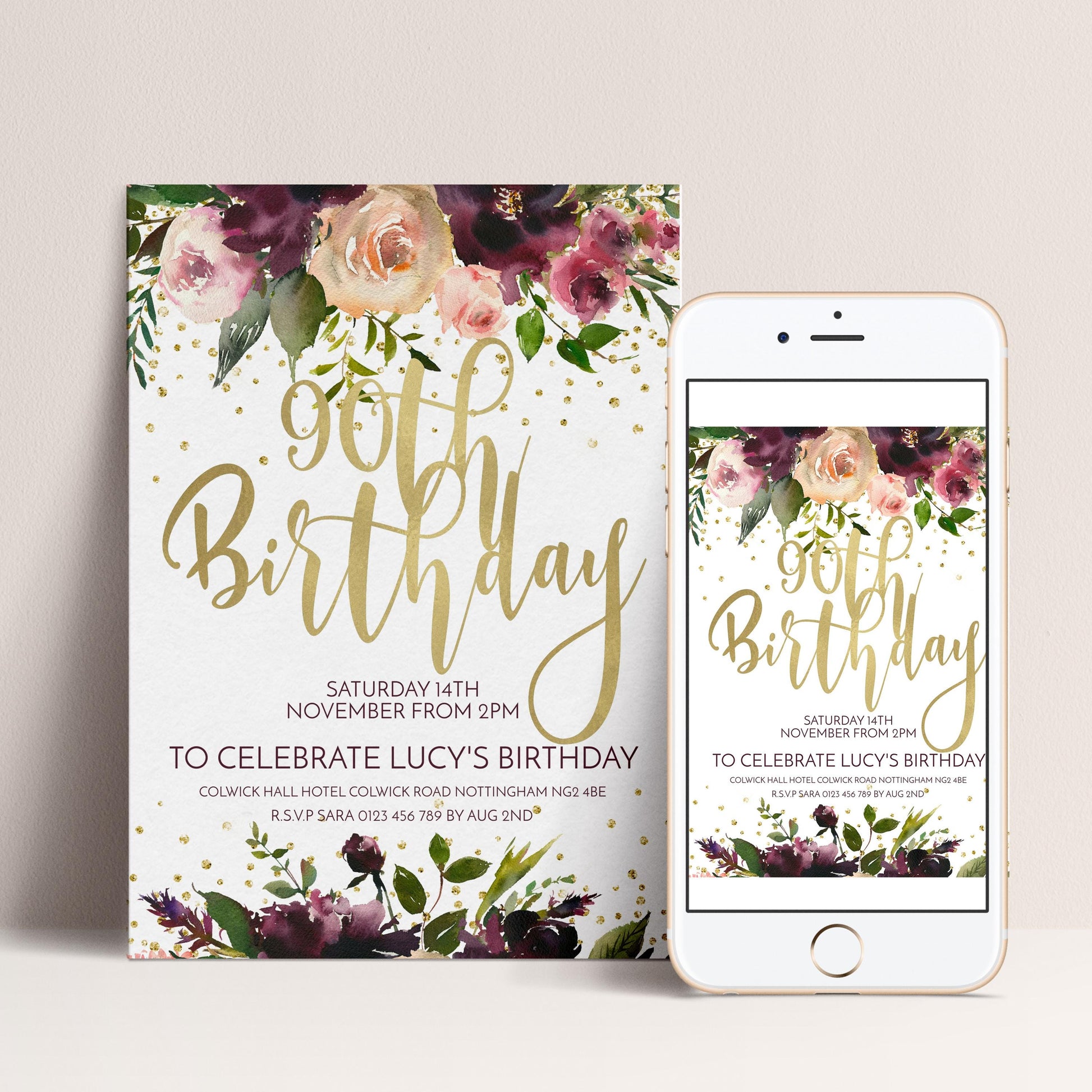 The image is a birthday invitation for Lucy's 90th birthday celebration. It features a floral design with pink and purple flowers, gold text, and a gold border. The invitation is for Saturday, 14th November from 2 PM at the Colworth Hotel, Colworth Road, Nottingham, NN4 2QE.