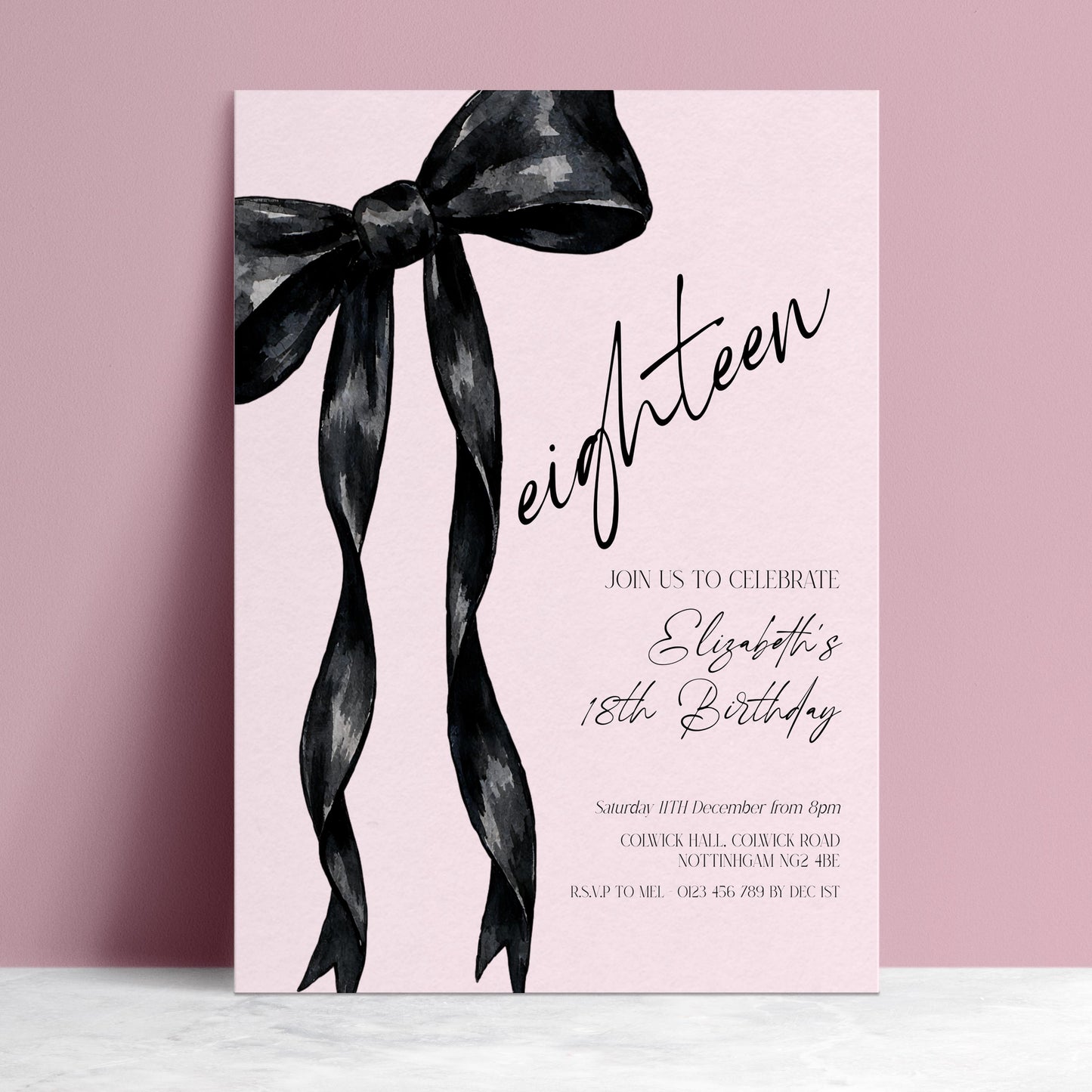 18th Birthday Invitation, Pink Bow Birthday Invite, Editable Eighteen Party Invite, Teen Girl Birthday Invitation, Corjl