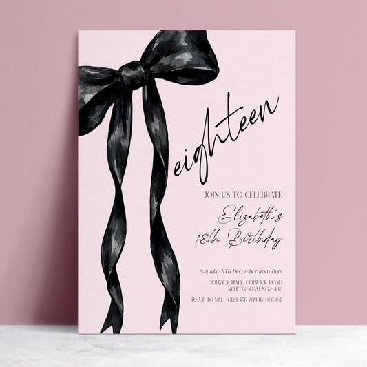 18th Birthday Invitation, Pink Bow Birthday Invite, Editable Eighteen Party Invite, Teen Girl Birthday Invitation, Corjl
