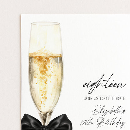 18th Birthday Invitation, Champagne Birthday Invite, Elegant Eighteen Party Invite, Editable Birthday Invitation, Corjl